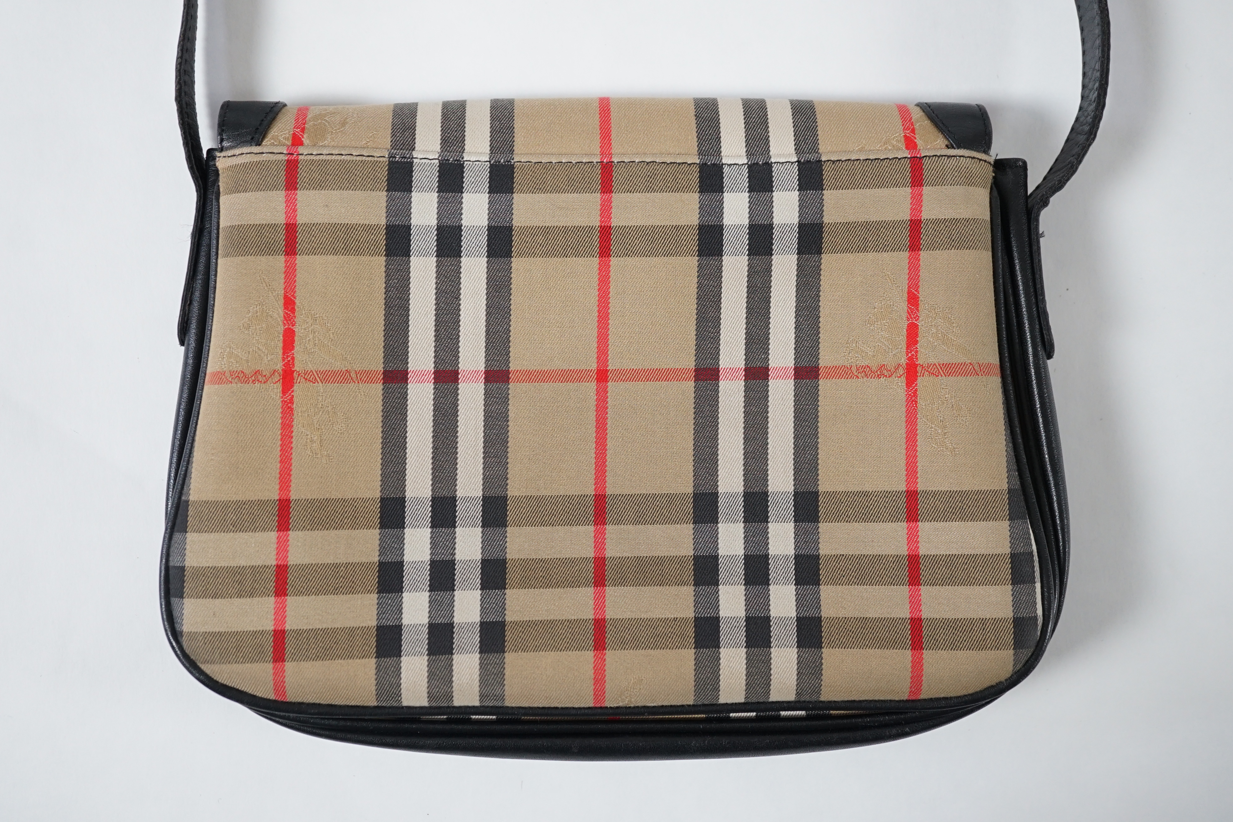 A Burberry London Haystack check black leather handbag, height 21cm, width 28cm, depth 5cm